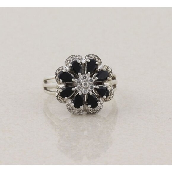 Unbranded Jewelry - Sterling Silver Blue Cubic Zirconia and Natural Diamond Flower Ring Size 9 1/2